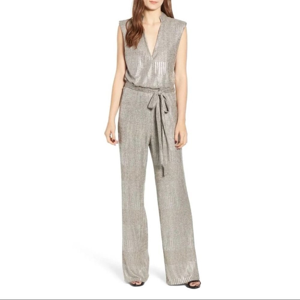 BISHOP+YOUNG The Aspen Metallic  Wide Leg V-neck Jumpsuit Romper 1 Piece Size XS
